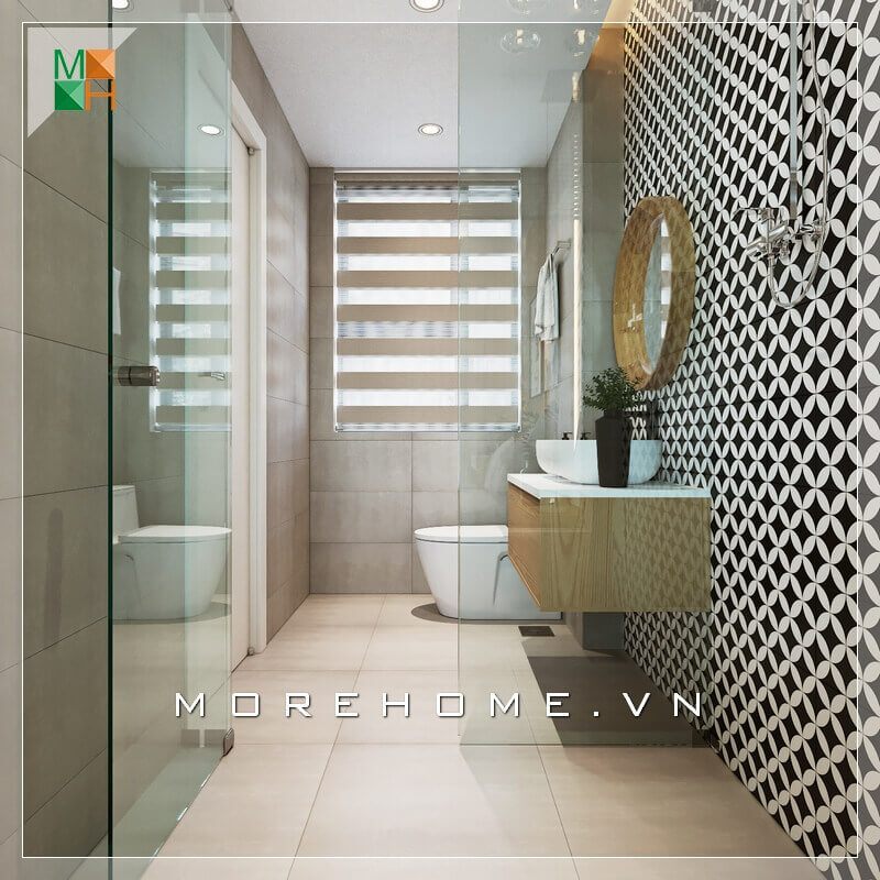 Một mẫu gương tròn với khung viền gỗ chắc chắn đặt trong phòng tắm làm nên một ấn tượng ý tưởng độc đáo cho nhiều gia chủ.